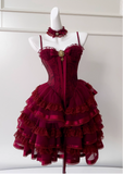 Vintage Burgundy Sweetheart Lace Design Spaghetti Strap Tiered Homecoming Dress HZ1024