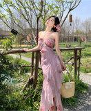Vintage Pink Floral Irregular Hem Design Elegant Beach Holiday A-Line Sleeveless Halter Dress Summer Dress Party Dress HZ1024