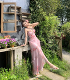 Vintage Pink Floral Irregular Hem Design Elegant Beach Holiday A-Line Sleeveless Halter Dress Summer Dress Party Dress HZ1024