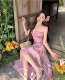 Vintage Pink Floral Irregular Hem Design Elegant Beach Holiday A-Line Sleeveless Halter Dress Summer Dress Party Dress HZ1024