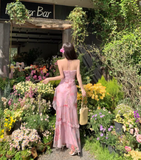 Vintage Pink Floral Irregular Hem Design Elegant Beach Holiday A-Line Sleeveless Halter Dress Summer Dress Party Dress HZ1024