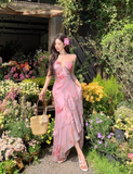 Vintage Pink Floral Irregular Hem Design Elegant Beach Holiday A-Line Sleeveless Halter Dress Summer Dress Party Dress HZ1024