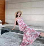 Vintage Pink Floral V-neck Design Elegant Beach Holiday Mermaid Sleeveless Halter Dress Summer Dress Party Dress HZ1024