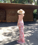 Vintage Pink Floral V-neck Design Elegant Beach Holiday Mermaid Sleeveless Halter Dress Summer Dress Party Dress HZ1024