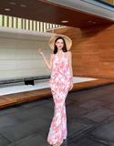 Vintage Pink Floral V-neck Design Elegant Beach Holiday Mermaid Sleeveless Halter Dress Summer Dress Party Dress HZ1024