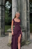 Elegant Purple Ruffled Prom Dress Sheath Evening Gown High Slit Party Dress Long Formal Dress HZ1024