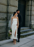 Elegant White Satin Strapless High Slit Sheath Wedding Dress HZ1024