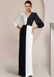 Vintage Sheath V-neck Satin Mother of Bride Dress Long Sleeve Evening Gown Floor Length Formal Dress HZ1024