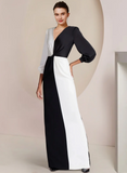 Vintage Sheath V-neck Satin Mother of Bride Dress Long Sleeve Evening Gown Floor Length Formal Dress HZ1024