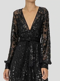Elegant Black V-neck A-Line Lace Sequined Mother of Bride Dress Long-sleeved Evening Gown Long Formal Dress HZ1024