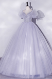 Vintage Hazy Blue Tulle Beaded A-Line Evening Gown Short-sleeved Party Dress Long Formal Dress HZ1024