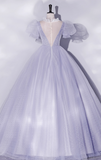 Vintage Hazy Blue Tulle Beaded A-Line Evening Gown Short-sleeved Party Dress Long Formal Dress HZ1024