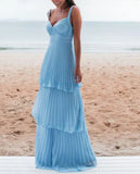Vintage Blue Sweetheart Pleated A-Line Tiered Long Prom Dress Party Dress Evening Dress HZ1024