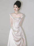 Retro Off-the-shoulder Floor Length Design Elegant Satin A-Line Wedding Dress HZ1024