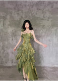 Retro Spaghetti Strap Irregular Ruffled Detachable Rose Design Elegant Satin Evening Dress Prom Dress HZ1024