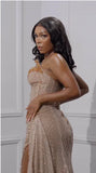 Enchanting Shiny Champagne Beaded Strapless Slit Prom Dress Evening Dress HZ1024