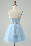 Vintage Light Blue Beaded Design Spaghetti Strap Short Homecoming Dresses HZ1024
