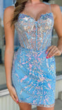 Vintage Blue Sequined Bodycon Design Elegant Spaghetti Strap Homecoming Dress HZ1024