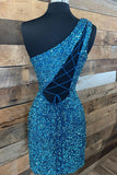 Sparkle Blue Sequined One-shoulder Dress Design A-line Short Bodycon Homecoming Dress HZ1024