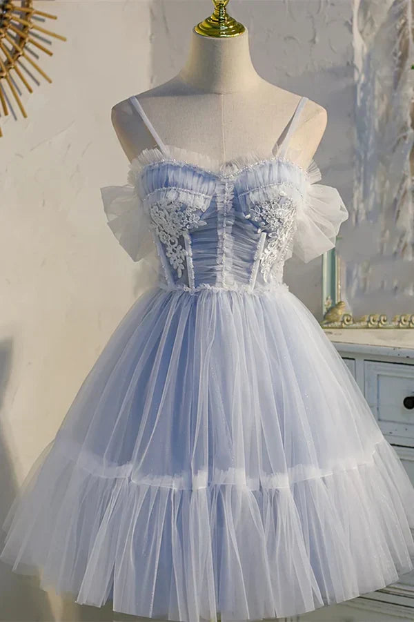 Sweet Light Blue Lace Appliques Design A-line Tulle Short Spaghetti Strap Homecoming Dress HZ1024