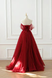 Wine Red Tulle Sweetheart Off Shoulder Prom Dress, Wine Red Tulle Evening Dress HZ1024