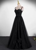 A-line Sweetheart Black Tulle Long Formal Dress, Black Simple Prom Dress HZ1024