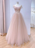 Pink Tulle Short Sleeves A-line Long Evening Dress, Pink Tulle Prom Dress HZ1024