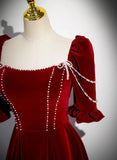 Wine Red A-line Velvet Long Bridesmaid Dress, Wine Red Long Prom Dress HZ1024