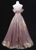 A-line Off Shoulder Sequins Long Prom Dress Party Dress, Sequins Evening Dress HZ1024