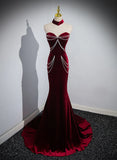 Off Shoulder Wine Red Mermaid Long Party Dress, Wine Red Velvet Prom Dress HZ1024