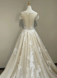 Tulle Long Neckline Tulle With Lace Applique Wedding Party Dress, Tulle Wedding Dress HZ1024