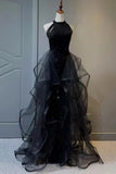 A-line Sequins with Tulle Wine Red Long Party Dress, Wine Red Halter Prom Dress HZ1024