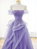 Purple A-line Tulle Off Shoulder Long Prom Dress, Purple Lace Evening Dress HZ1024