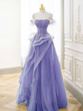 Purple A-line Tulle Off Shoulder Long Prom Dress, Purple Lace Evening Dress HZ1024