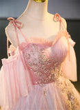 Pink Tulle Off Shoulder Beaded A-line Prom Dress, Pink Tulle Long Party Dress HZ1024