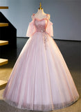 Pink Tulle Off Shoulder Beaded A-line Prom Dress, Pink Tulle Long Party Dress HZ1024