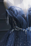 Blue Tulle Beaded Long Senior Prom Dress, A-Line Layers Beaded Long Evening Party Dress HZ1024