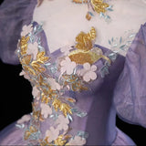 Pink and Purple Tulle Long Party Dress with Beadings, High Neckline Sweet 16 Dress HZ1024