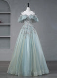 Glam Blue Tulle Sequins Lace Round Neckline Long Prom Dress, Blue Wedding Party Dress HZ1024
