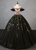 Black Tulle Ball Gown Sweetheart Formal Dress, Black Floral Sweet 16 Dress Evening Dress HZ1024