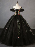 Black Tulle Ball Gown Sweetheart Formal Dress, Black Floral Sweet 16 Dress Evening Dress HZ1024