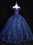 Lovely Navy Blue Floral Tulle Ball Gown Sweet 16 Dress,Navy Blue Off Shoulder Long Formal Dress HZ1024