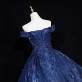 Lovely Navy Blue Floral Tulle Ball Gown Sweet 16 Dress,Navy Blue Off Shoulder Long Formal Dress HZ1024