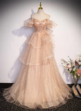 Cute A-line Shiny Tulle with Lace Off Shoulder Party Dress, Long Floor Length Prom Dress HZ1024