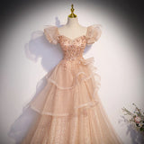 Cute A-line Shiny Tulle with Lace Off Shoulder Party Dress, Long Floor Length Prom Dress HZ1024