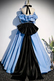 Blue Satin Off Shoulder with Bow Long Party Dress, Blue Satin Prom Dress Evening Dress HZ1024