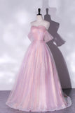 Pink Tulle and Sequins Off Shoulder Long Party Dress, Sweetheart Pink Formal Dress HZ1024