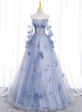 Light Blue Tulle Puffy Sleeves with Flowers Sweet 16 Dress, Light Blue Formal Dress HZ1024