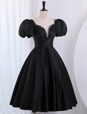 Black Satin Short Sleeves Homecoming Dress, Black Short Prom Dress HZ1024