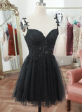 Black V Neck Beaded Tulle and Lace Prom Dress, Cute Black Homecoming Dress HZ1024